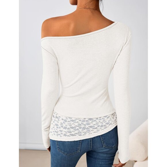 Women's Off Shoulder White Long Sleeve Top Casual Lace Slim Fit Fall Y2K Blouse - Picture 3 of 6